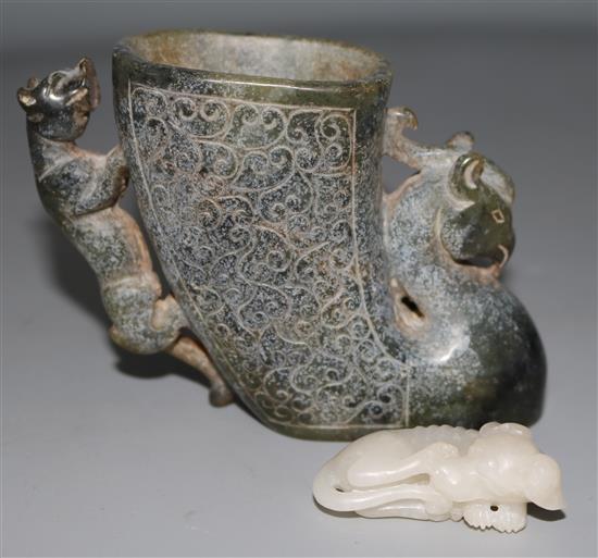 A Chinese archaistic green bowenite jade phoenix rhyton,